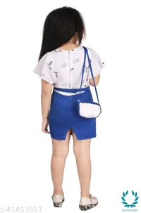 Linotex Bodycon Girls dress and Bags Combo - 2-3 Years, White Blue, Cotton, Printed, Pack Of:1